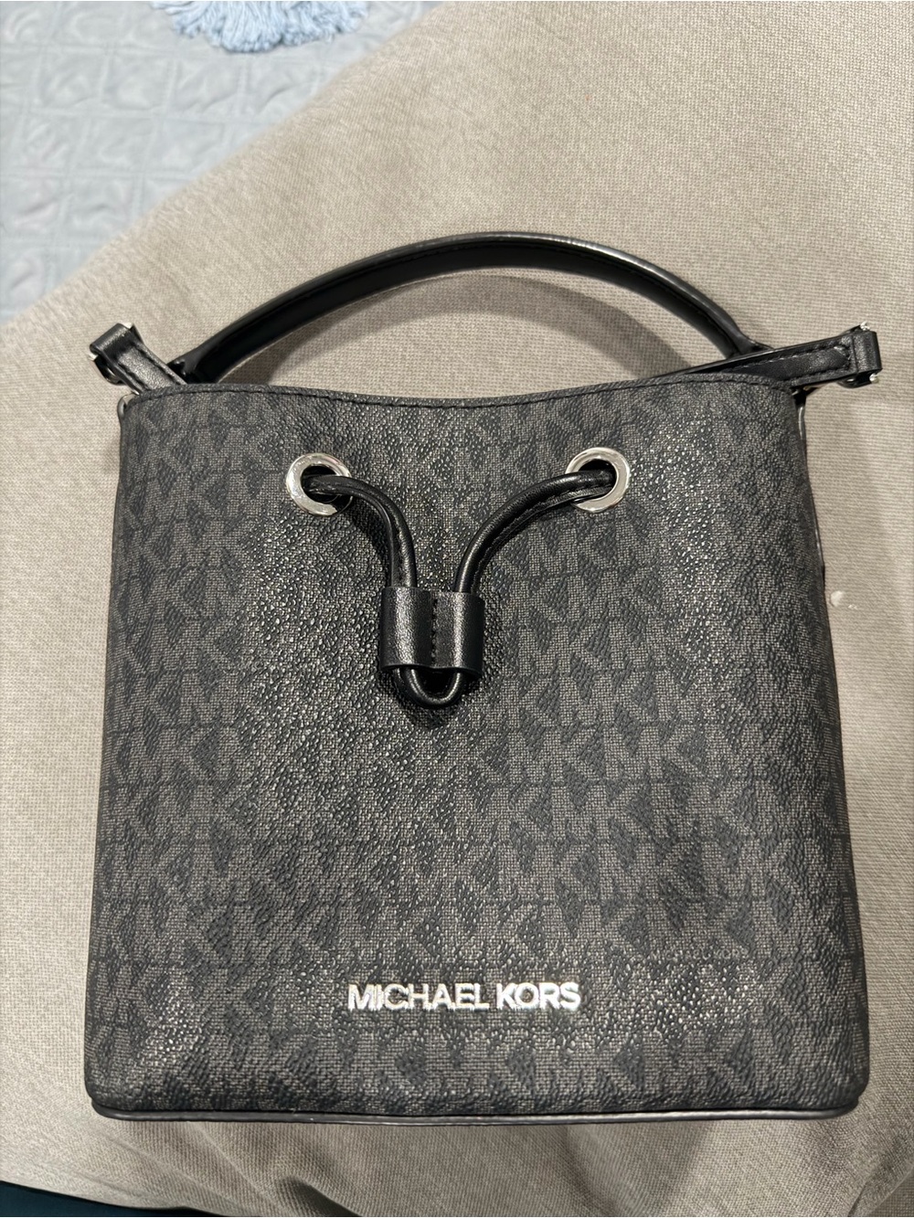Michael Kors Black Signature Monogram Bucket Messenger Bag